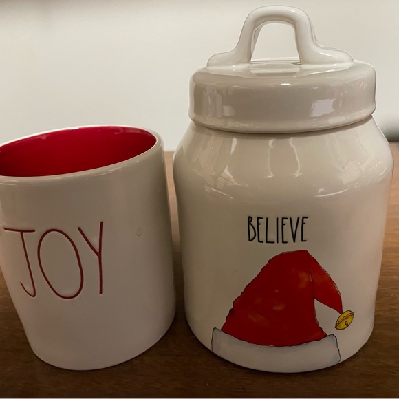Rae Dunn Christmas BELIEVE Canister w/ Red Santa Hat & JOY Cup - Picture 1 of 11